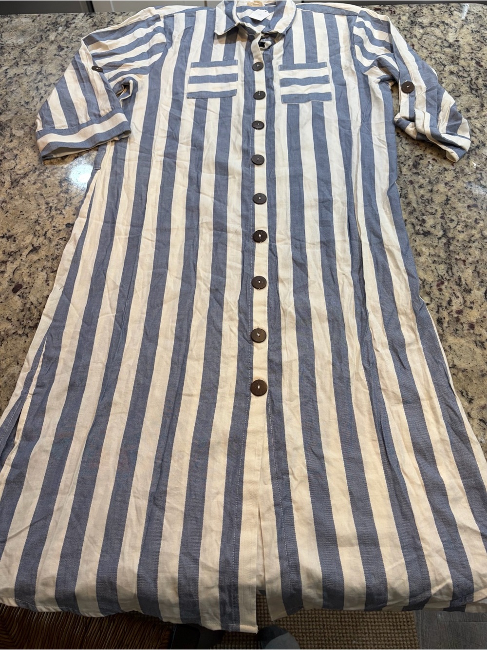 Button-Front Striped Midi Dress - Blue & White